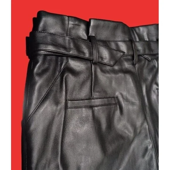 Lucy Paris Belted Paper Bag Waist Black Faux Leather High Rise Womens Sz L Pant - Picture 16 of 16